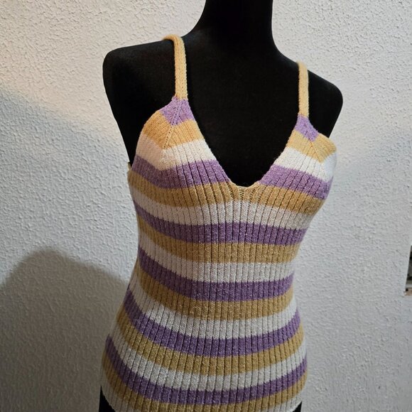 NWT Striped Ribbed Knit Camisole Top In Purple & Beige By Ee:some Size L - Picture 1 of 8